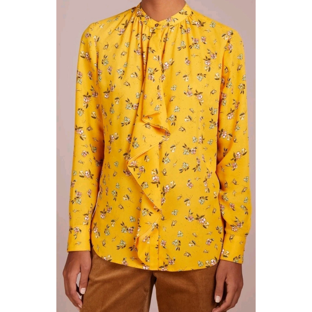 Lauren Ralph Lauren Yellow Floral Ruffle Blouse Button Front Long Sleeve Size S - Picture 2 of 12